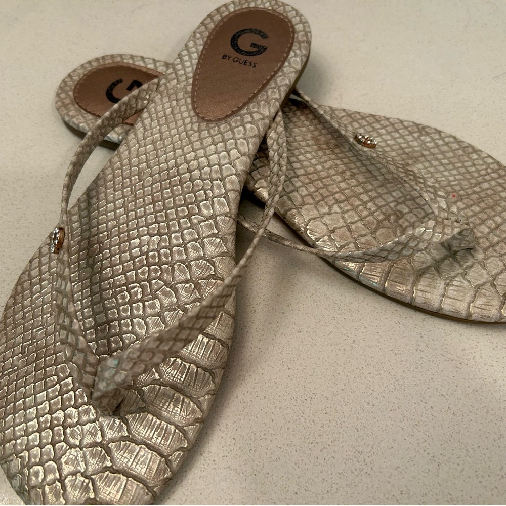 Guess Women's Metallic Gold Snake Print Sandals
